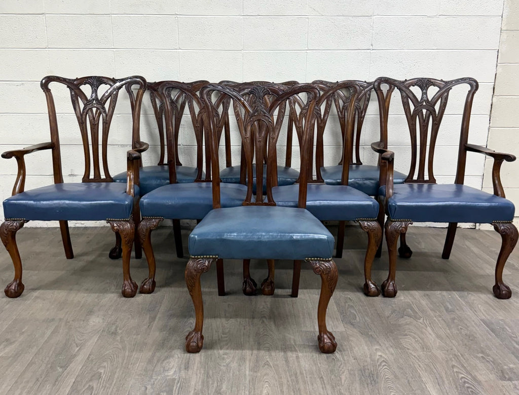 Vintage English Chippendale Style Carved Mahogany Dining Chairs - Set of 8