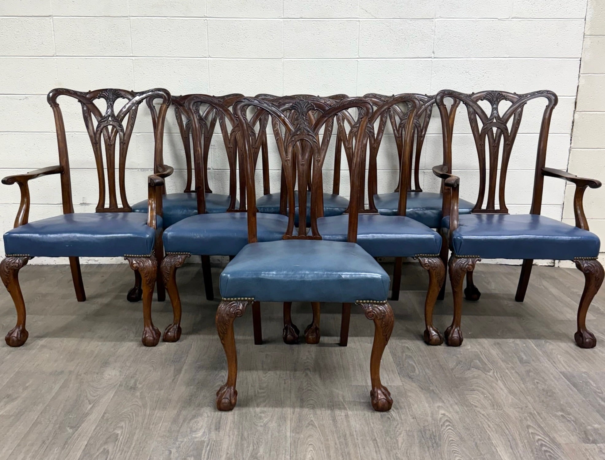 Vintage English Chippendale Style Carved Mahogany Dining Chairs - Set of 8
