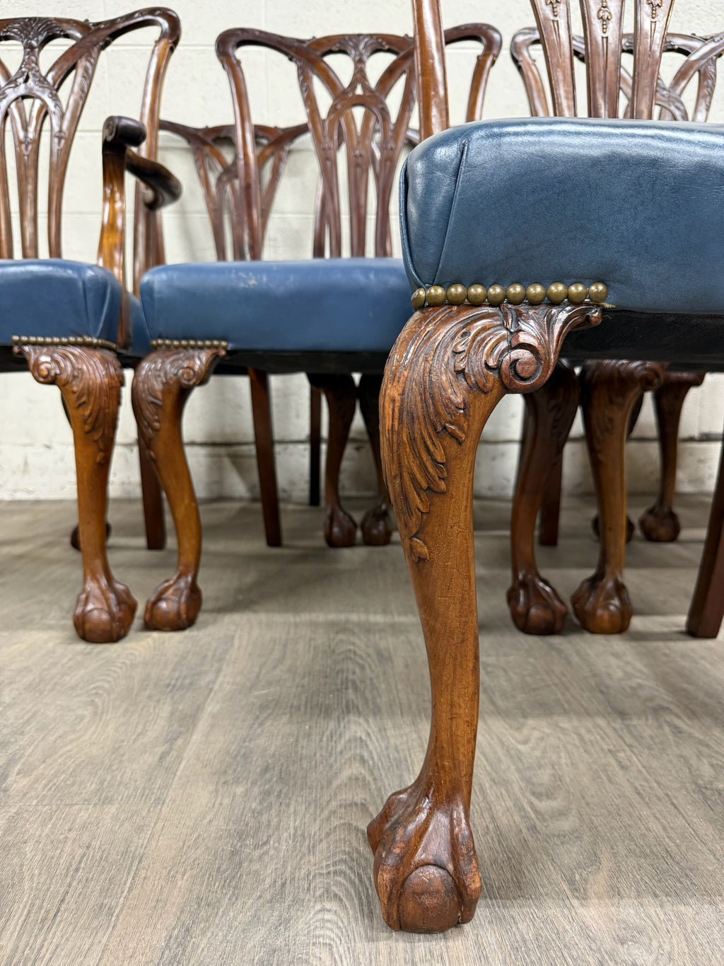 Vintage English Chippendale Style Carved Mahogany Dining Chairs - Set of 8