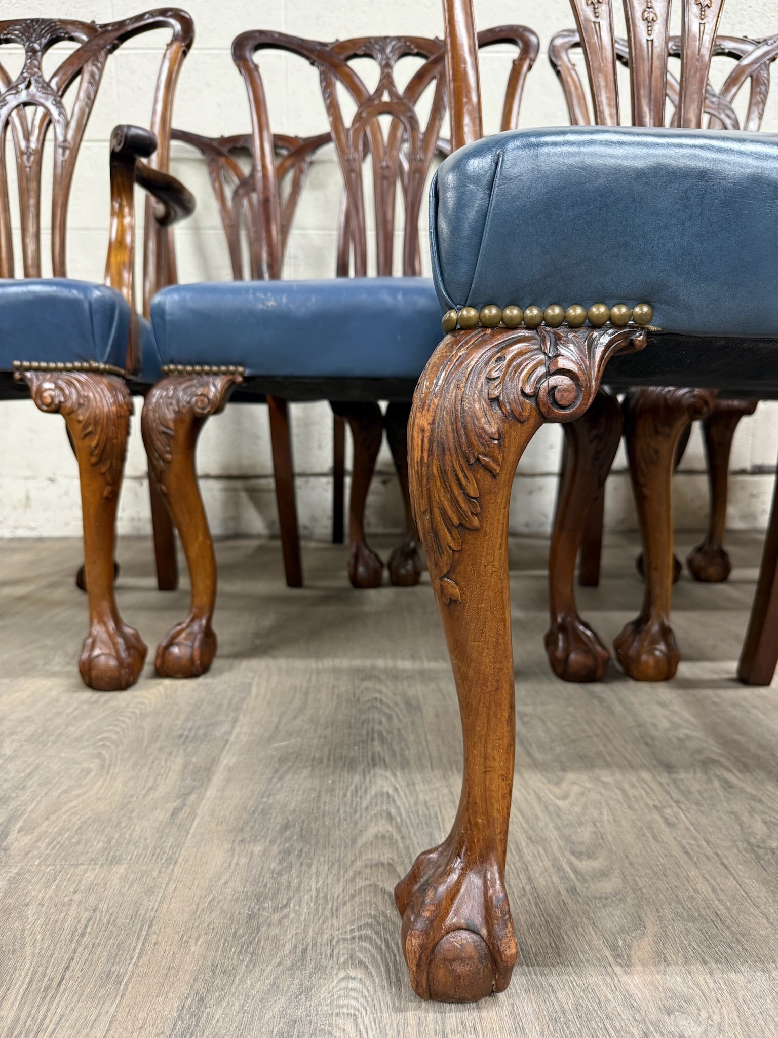 Vintage English Chippendale Style Carved Mahogany Dining Chairs - Set of 8