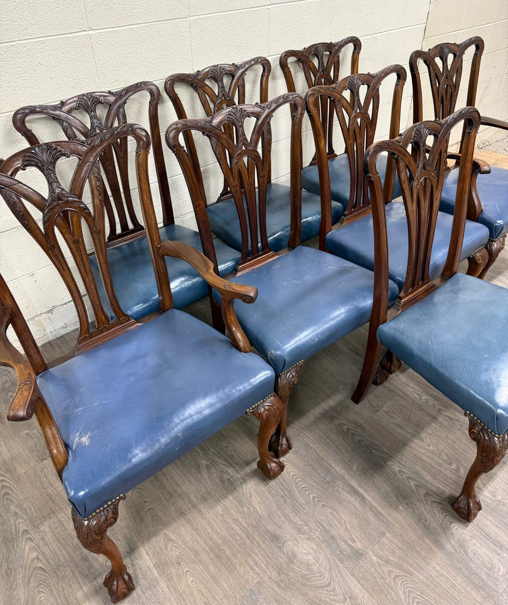 Vintage English Chippendale Style Carved Mahogany Dining Chairs - Set of 8