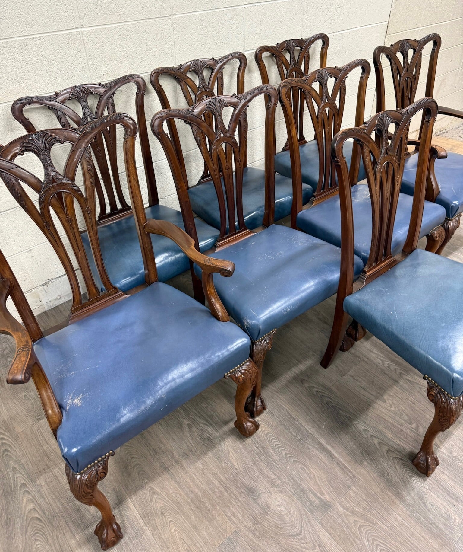 Vintage English Chippendale Style Carved Mahogany Dining Chairs - Set of 8