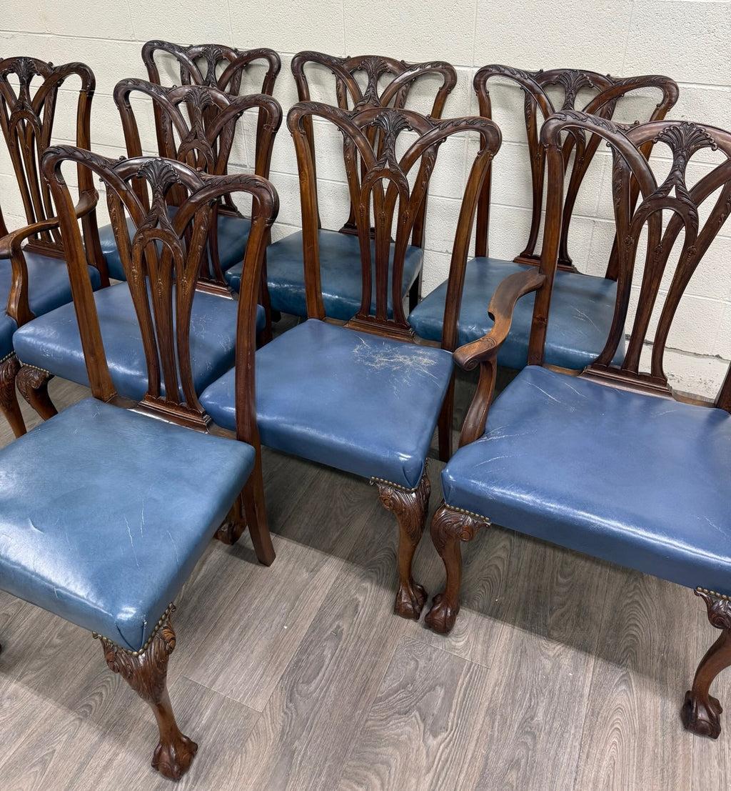 Vintage English Chippendale Style Carved Mahogany Dining Chairs - Set of 8