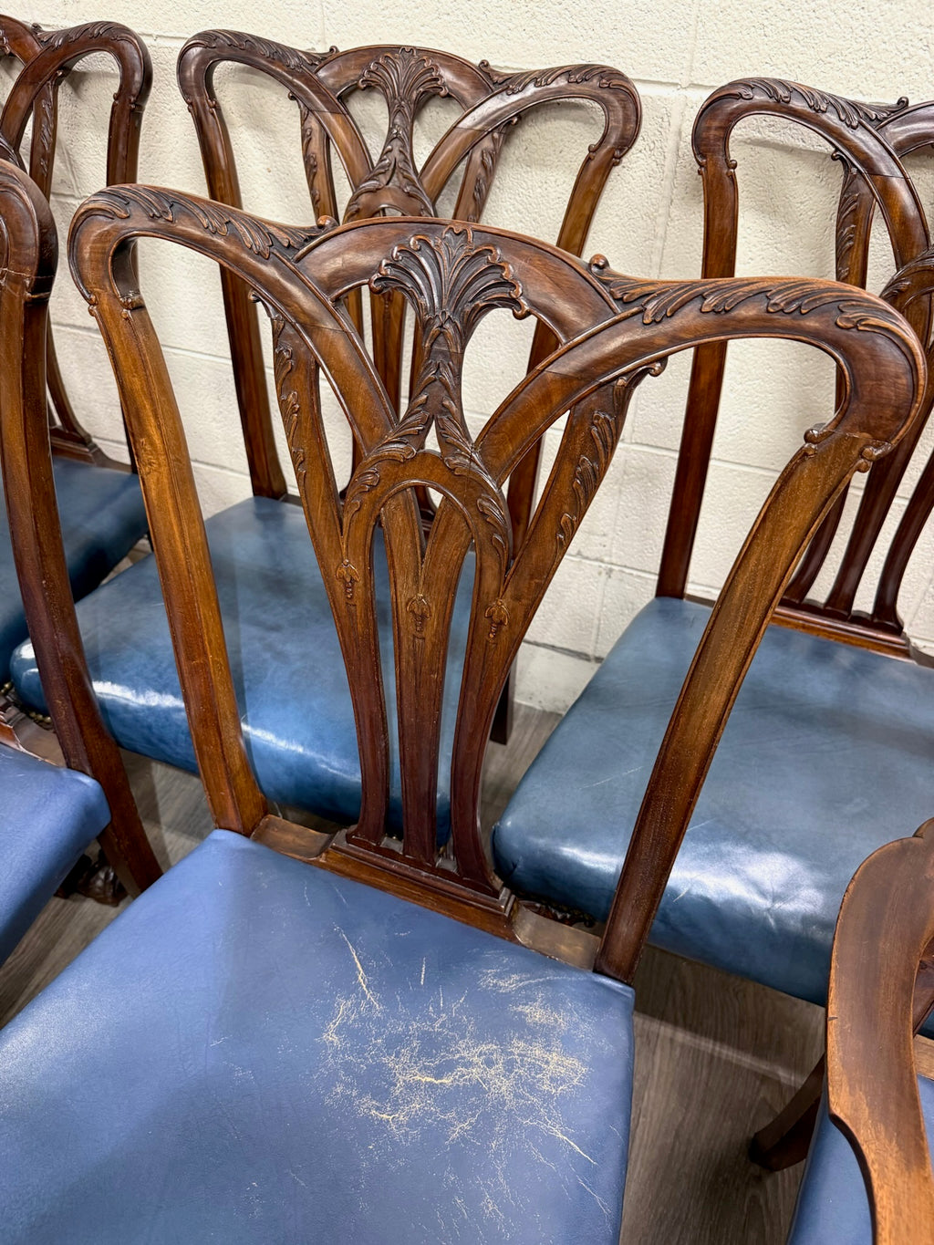 Vintage English Chippendale Style Carved Mahogany Dining Chairs - Set of 8