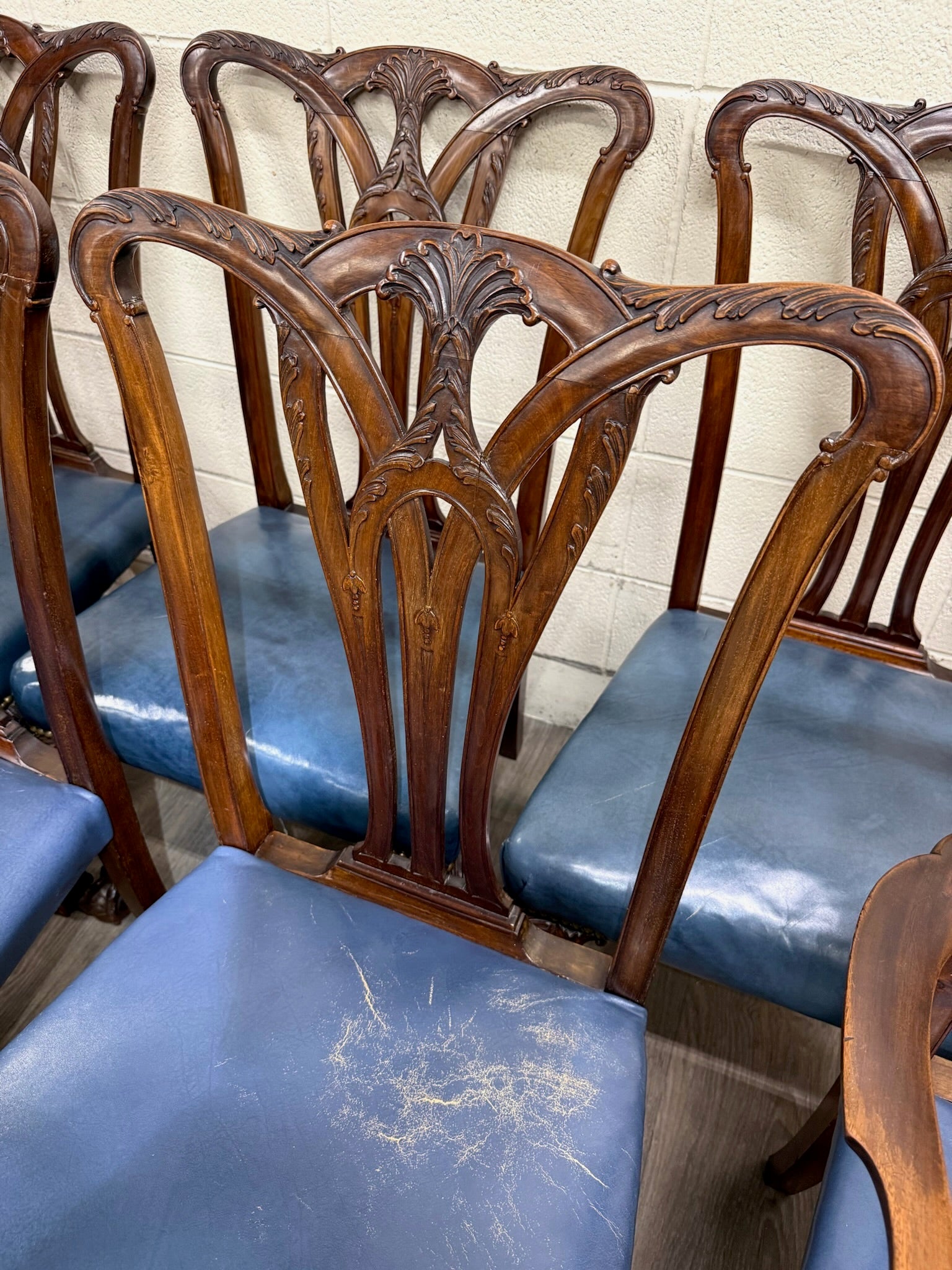 Vintage English Chippendale Style Carved Mahogany Dining Chairs - Set of 8