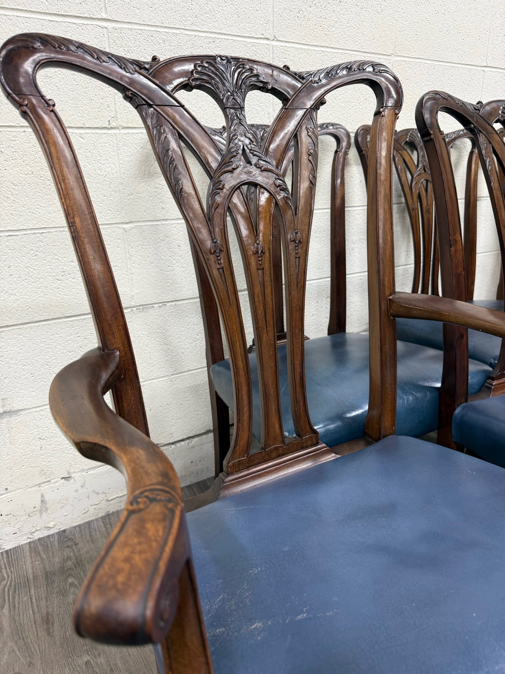 Vintage English Chippendale Style Carved Mahogany Dining Chairs - Set of 8