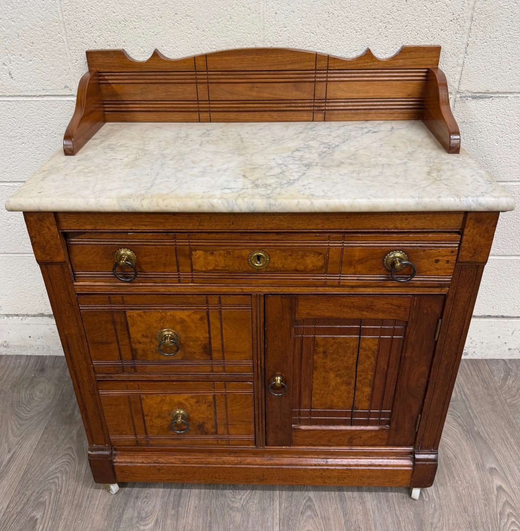 Antique Victorian Eastlake Style Walnut Marble Top Cabinet Commode Washstand