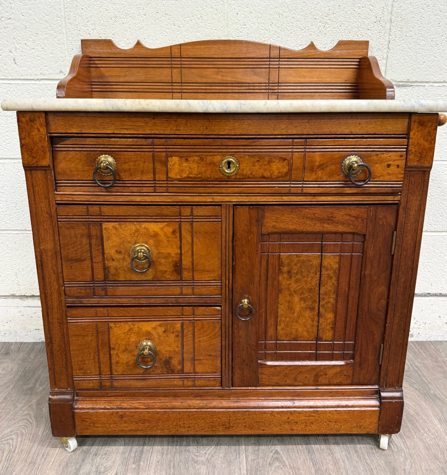 Antique Victorian Eastlake Style Walnut Marble Top Cabinet Commode Washstand