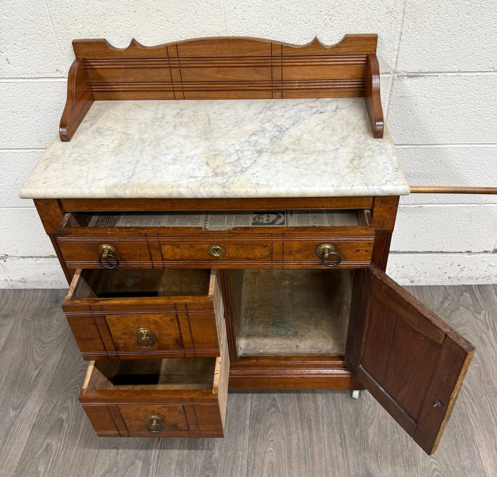 Antique Victorian Eastlake Style Walnut Marble Top Cabinet Commode Washstand