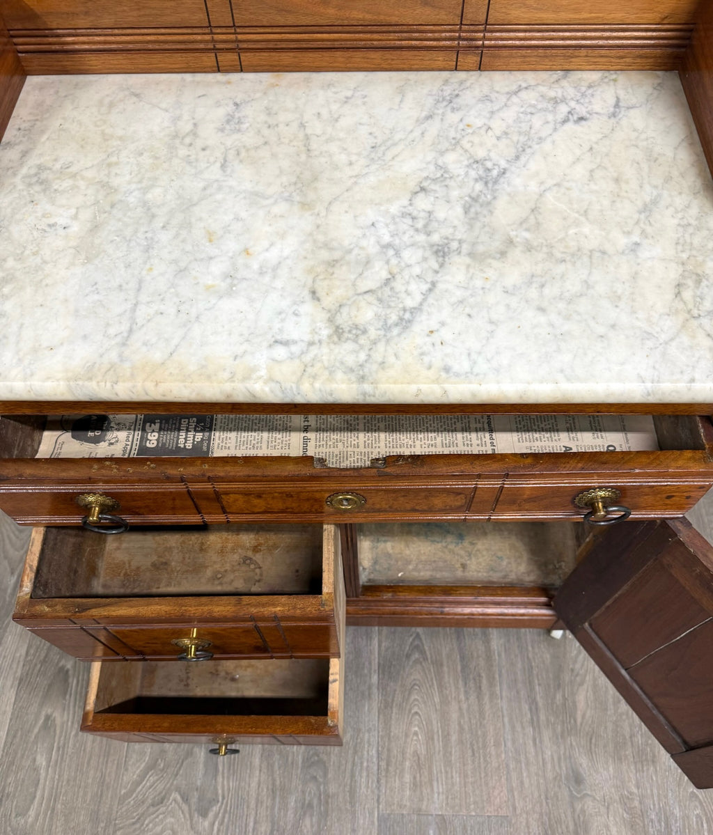 Antique Victorian Eastlake Style Walnut Marble Top Cabinet Commode Washstand