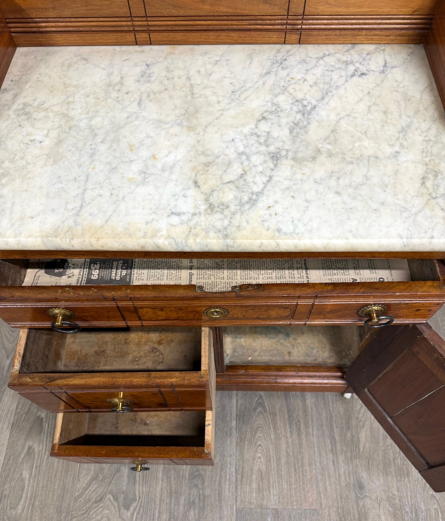 Antique Victorian Eastlake Style Walnut Marble Top Cabinet Commode Washstand