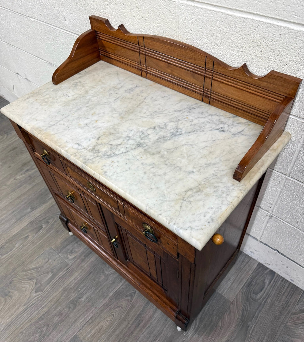 Antique Victorian Eastlake Style Walnut Marble Top Cabinet Commode Washstand