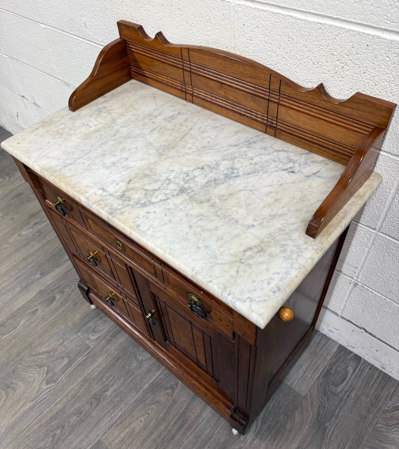 Antique Victorian Eastlake Style Walnut Marble Top Cabinet Commode Washstand