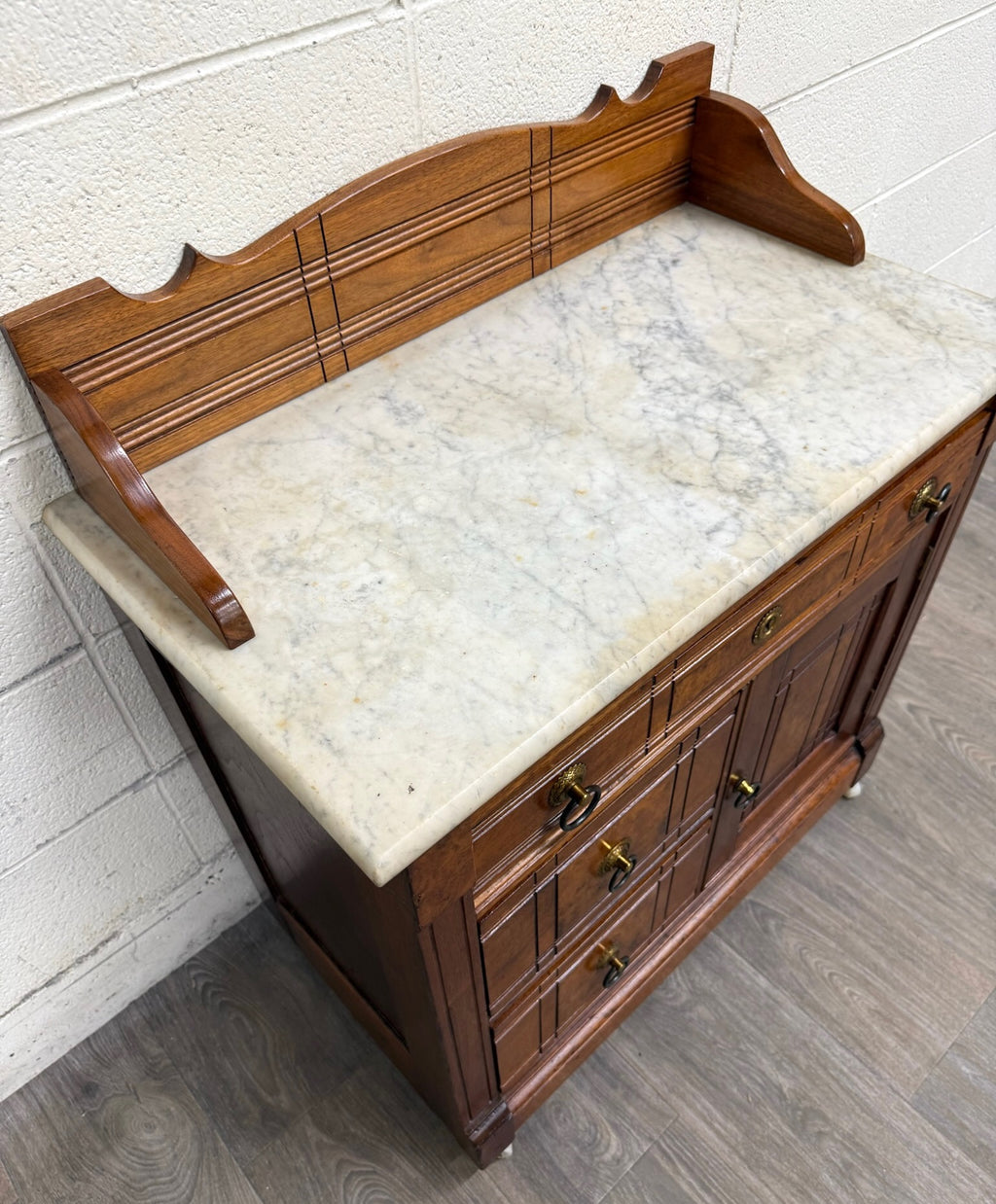 Antique Victorian Eastlake Style Walnut Marble Top Cabinet Commode Washstand