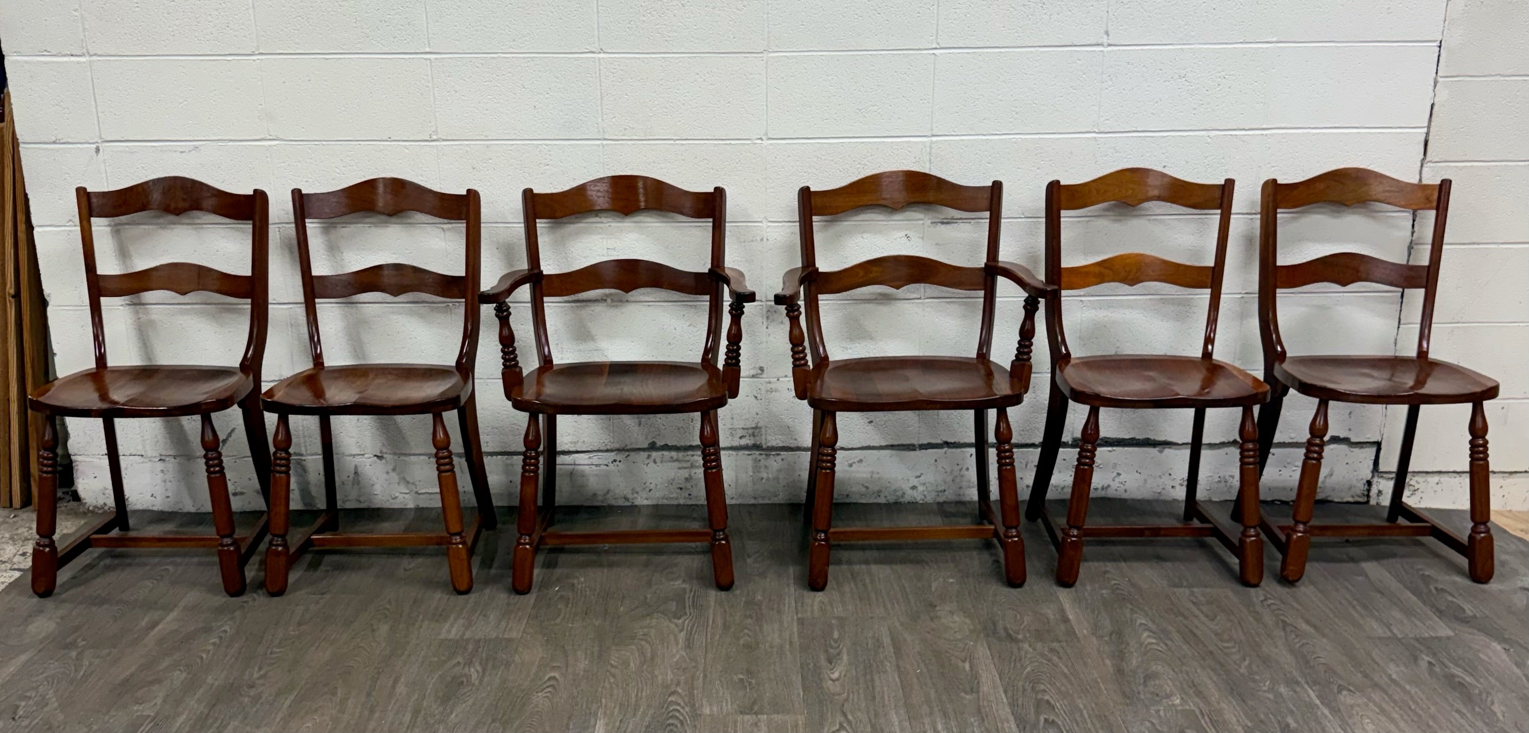 Vintage Colonial Revival Early American Style Walnut Dining Chairs - Set of 6
