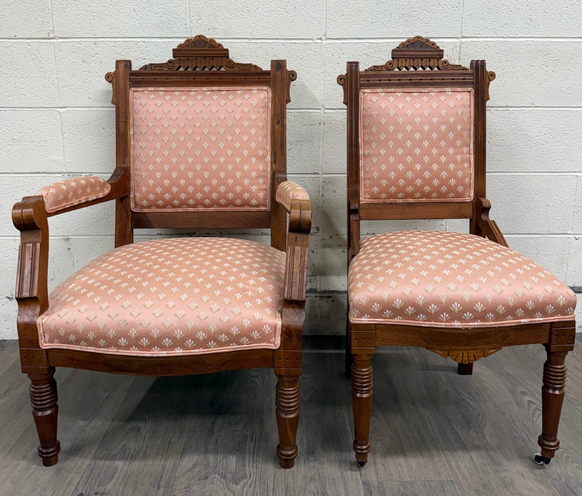 Antique Victorian Eastlake Carved His and Hers Parlor Chairs - Pair