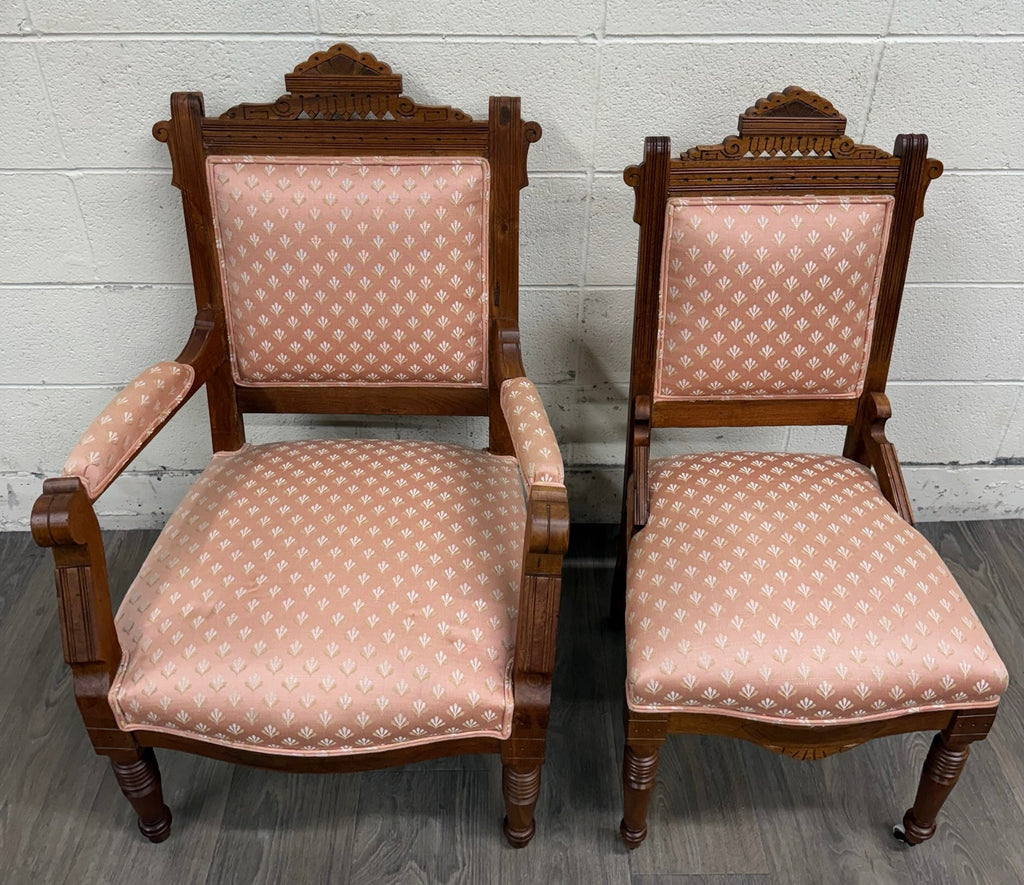 Antique Victorian Eastlake Carved His and Hers Parlor Chairs - Pair