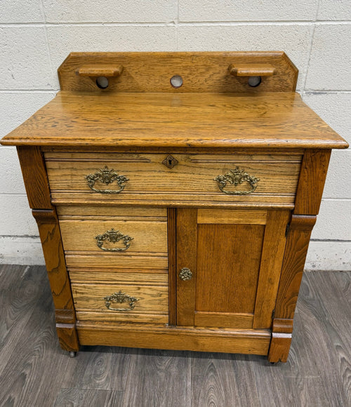 Antique Late Victorian Eastlake Style Golden Oak Washstand Commode