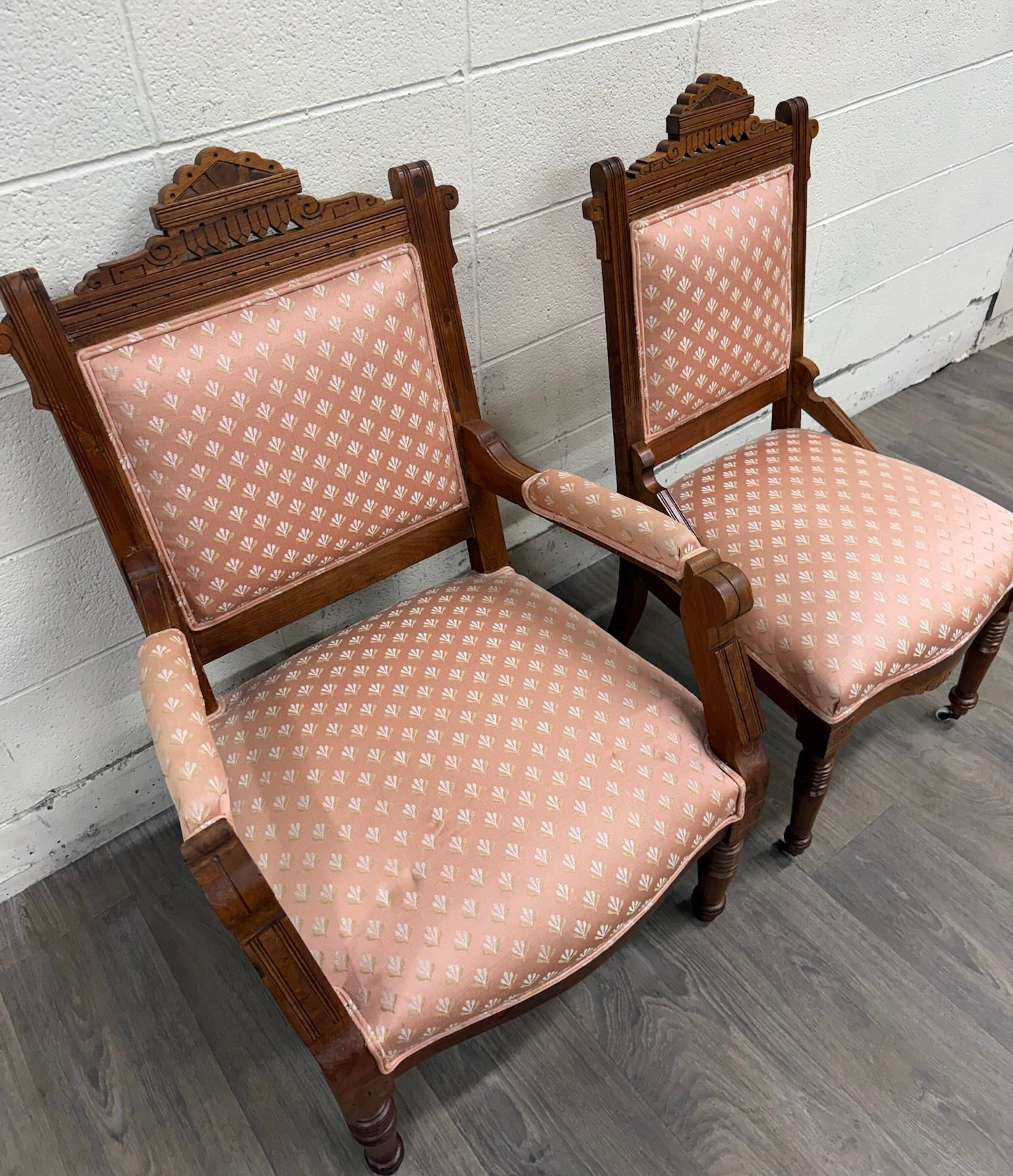 Antique Victorian Eastlake Carved His and Hers Parlor Chairs - Pair