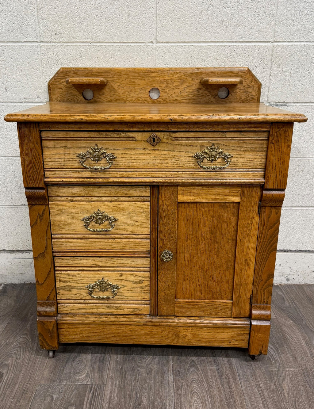 Antique Late Victorian Eastlake Style Golden Oak Washstand Commode