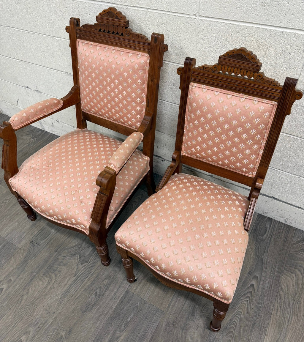 Antique Victorian Eastlake Carved His and Hers Parlor Chairs - Pair
