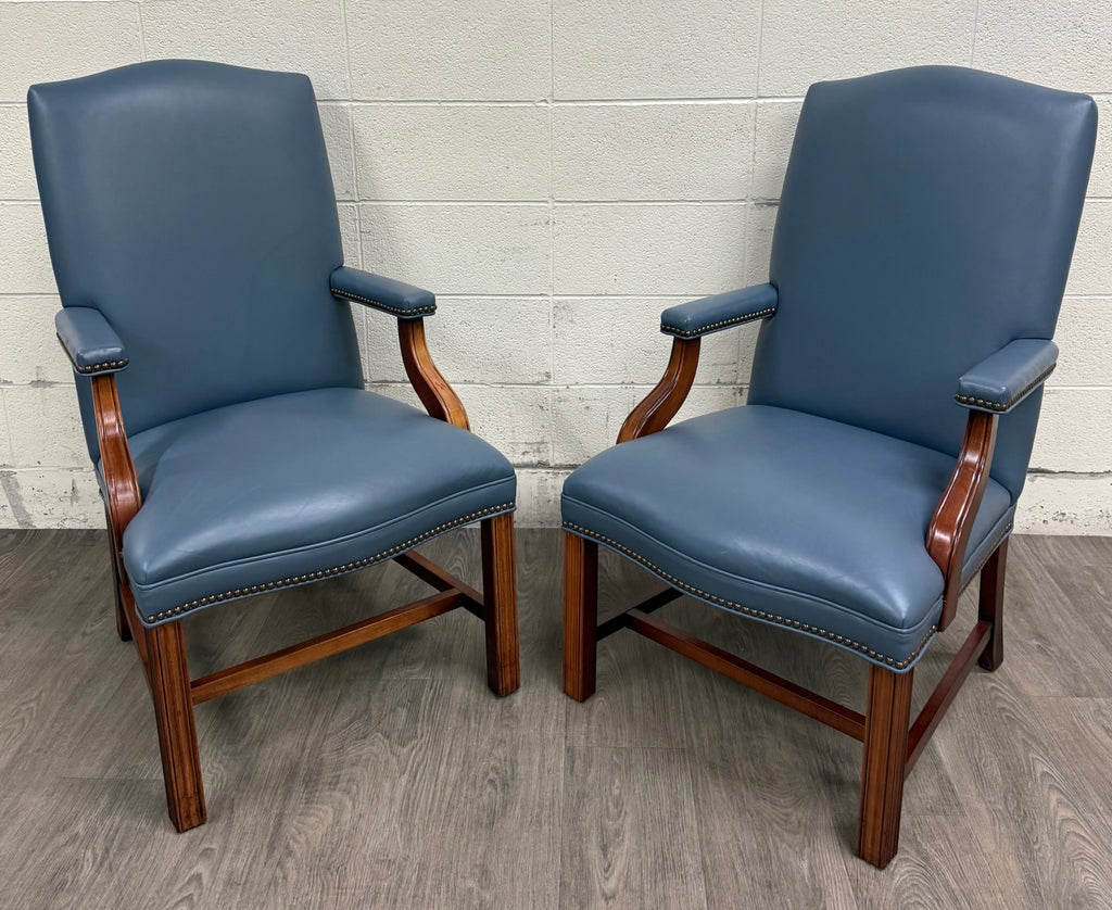 Vintage Chippendale Style Blue Leather and Nailhead Executive Armchairs - Pair