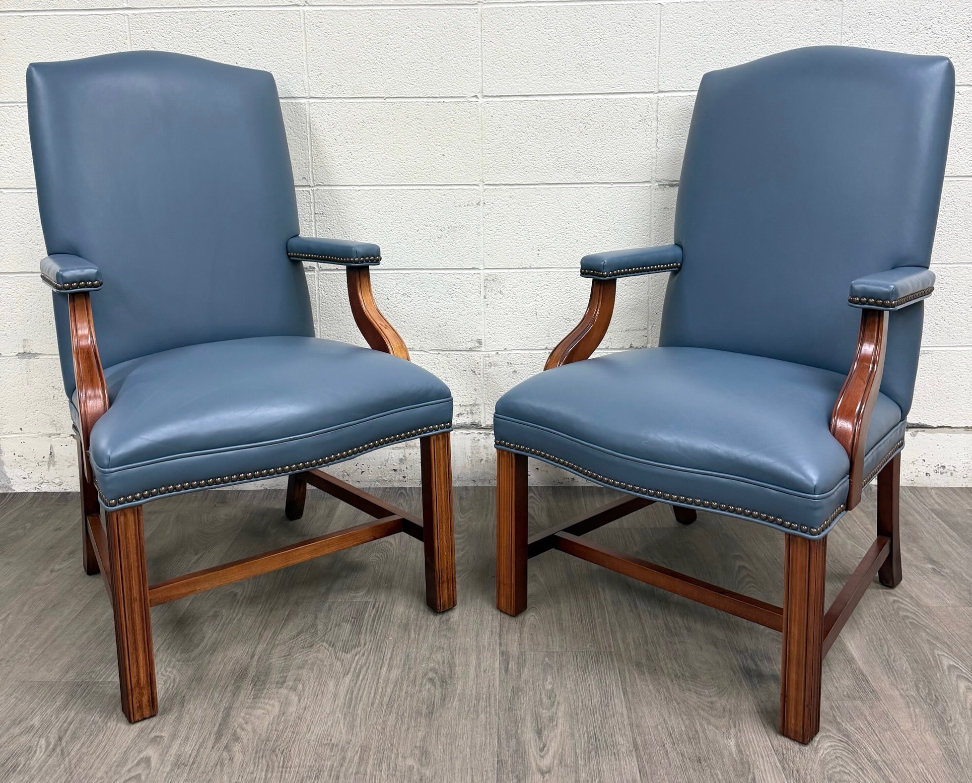 Vintage Chippendale Style Blue Leather and Nailhead Executive Armchairs - Pair