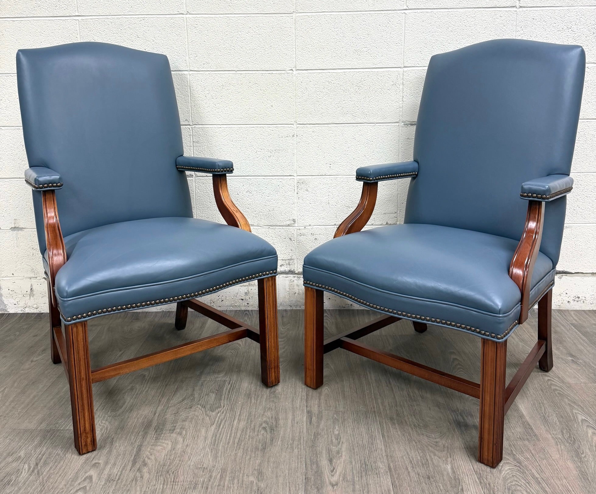 Vintage Chippendale Style Blue Leather and Nailhead Executive Armchairs - Pair