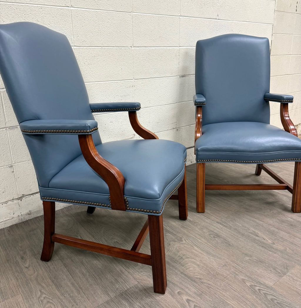 Vintage Chippendale Style Blue Leather and Nailhead Executive Armchairs - Pair