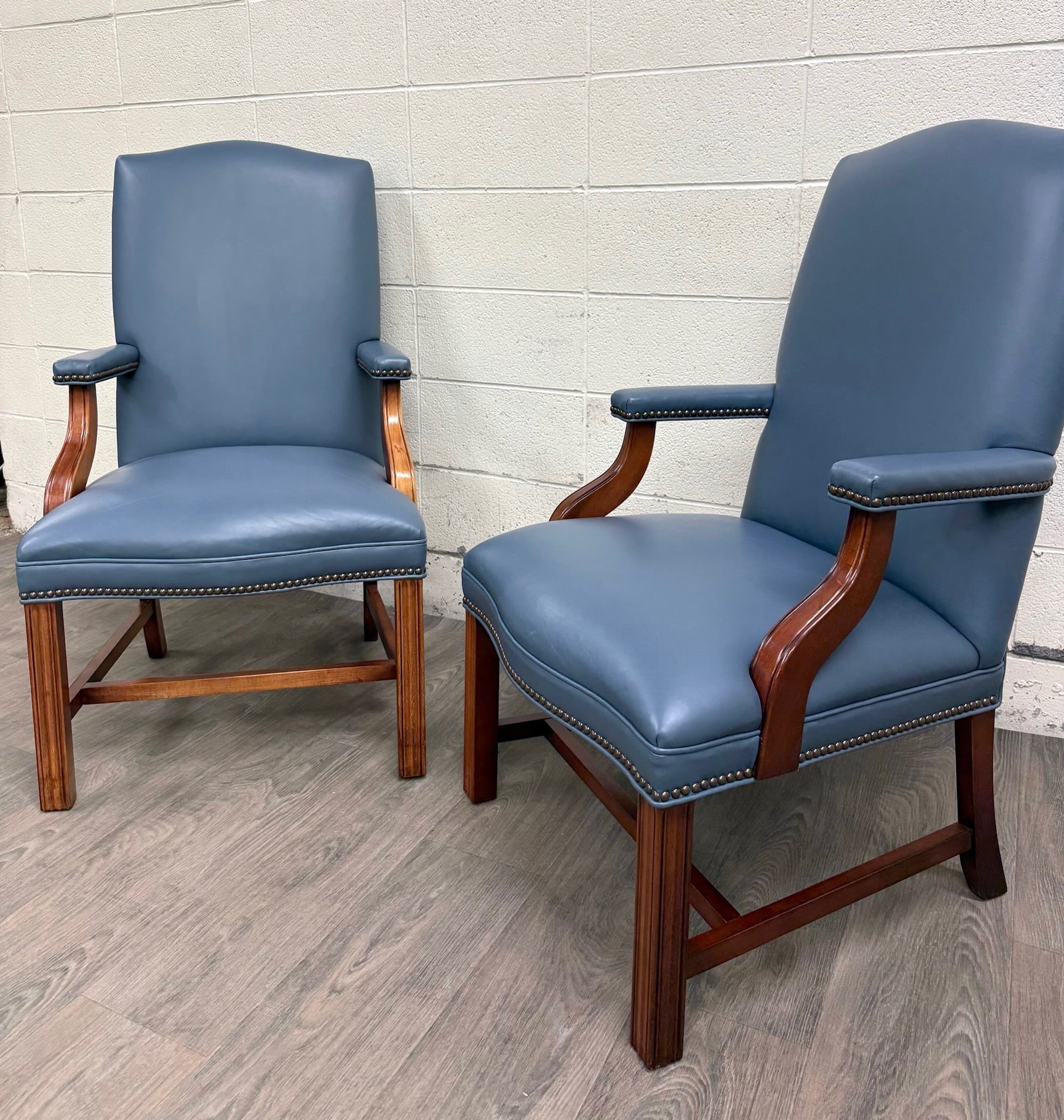 Vintage Chippendale Style Blue Leather and Nailhead Executive Armchairs - Pair