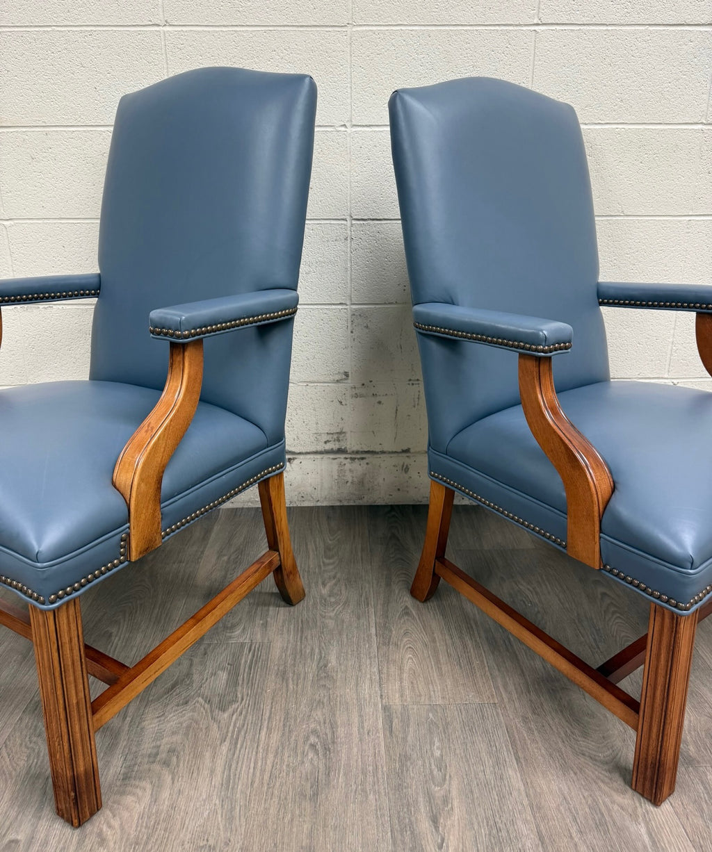 Vintage Chippendale Style Blue Leather and Nailhead Executive Armchairs - Pair