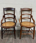 Antique Victorian Curved Ladder Back Hand Caned Armchairs - Pair