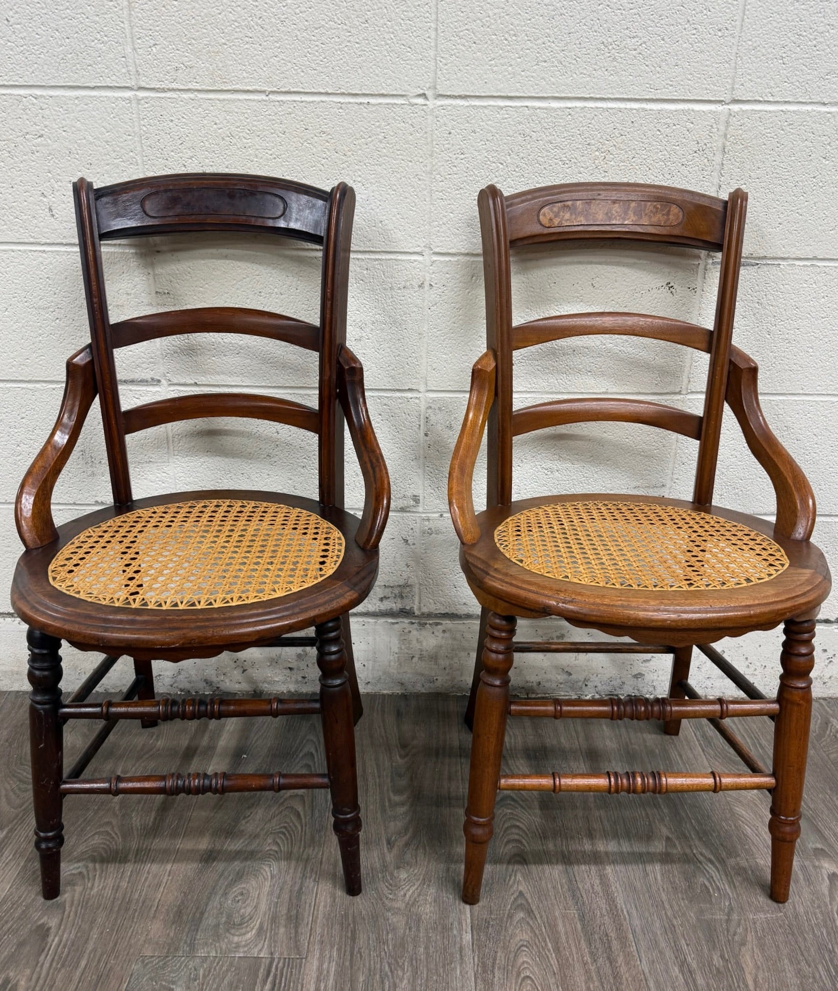 Antique Victorian Curved Ladder Back Hand Caned Armchairs - Pair