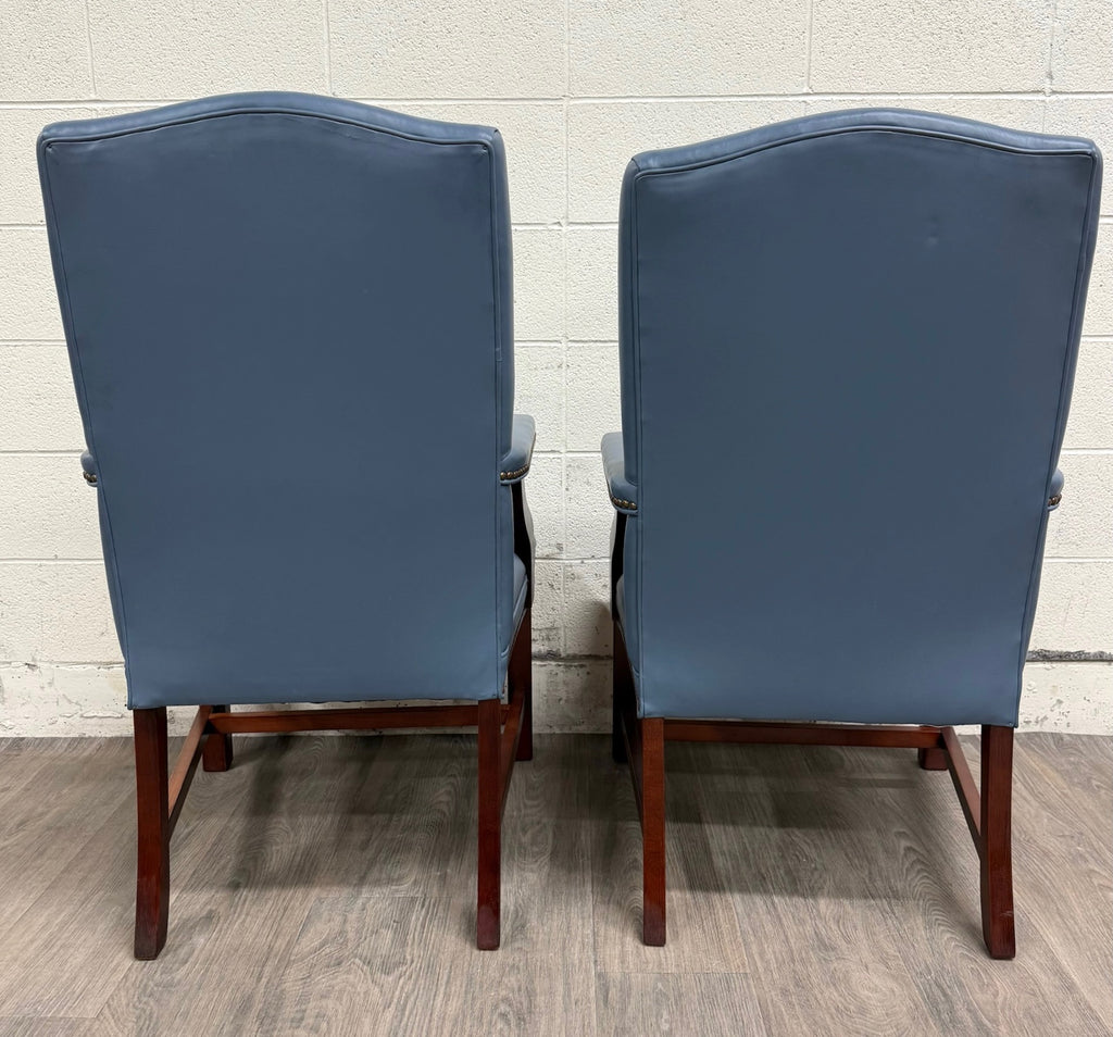 Vintage Chippendale Style Blue Leather and Nailhead Executive Armchairs - Pair