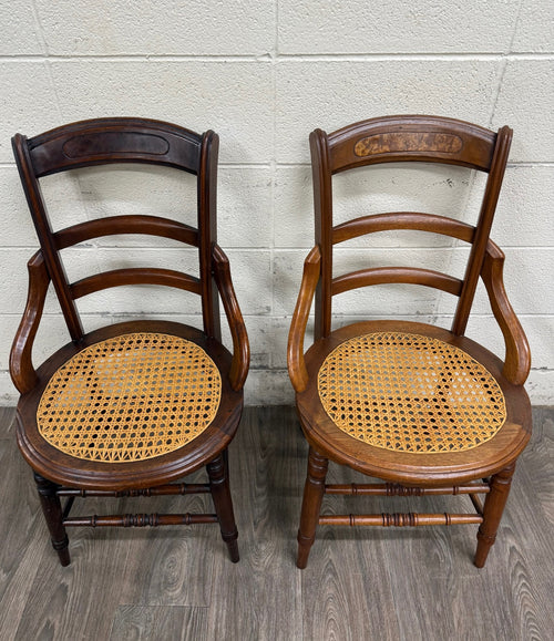 Antique Victorian Curved Ladder Back Hand Caned Armchairs - Pair