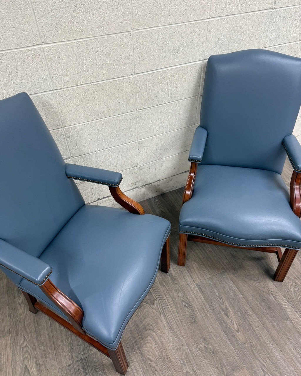 Vintage Chippendale Style Blue Leather and Nailhead Executive Armchairs - Pair
