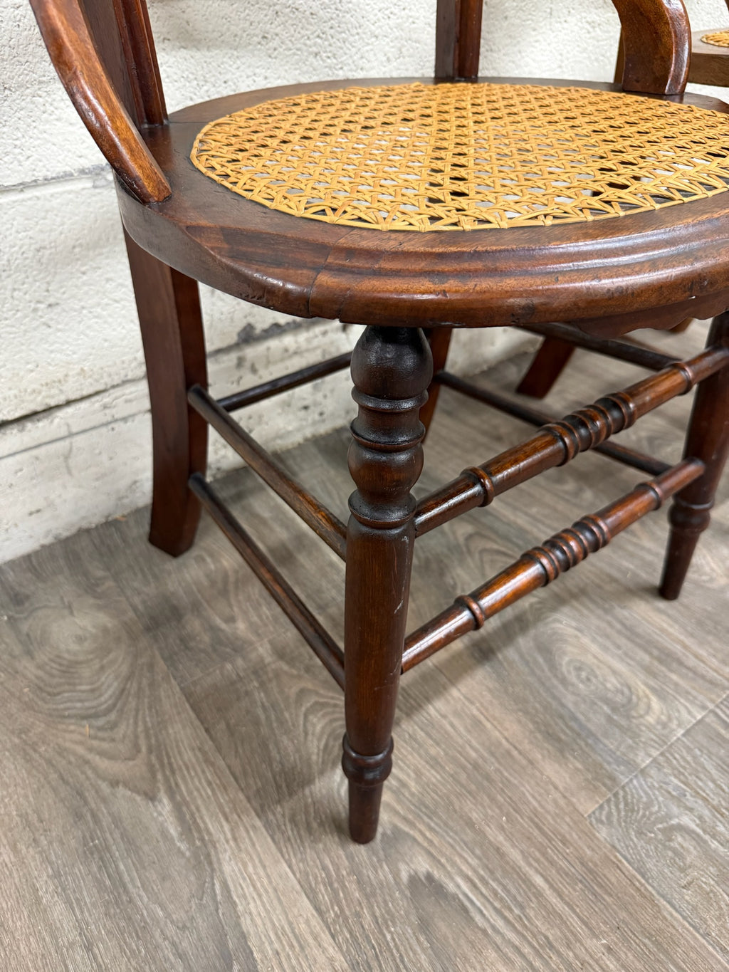 Antique Victorian Curved Ladder Back Hand Caned Armchairs - Pair