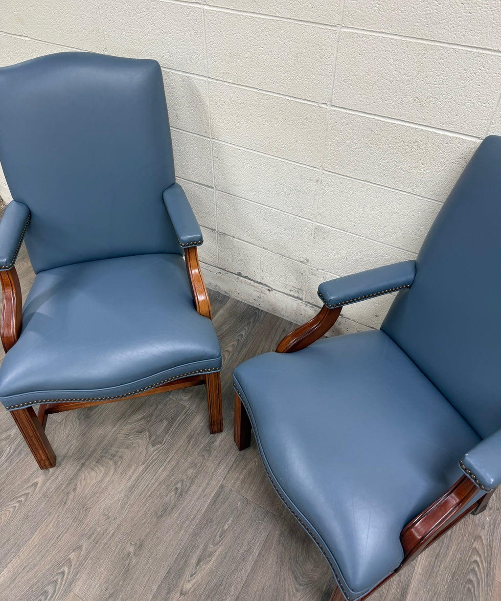 Vintage Chippendale Style Blue Leather and Nailhead Executive Armchairs - Pair