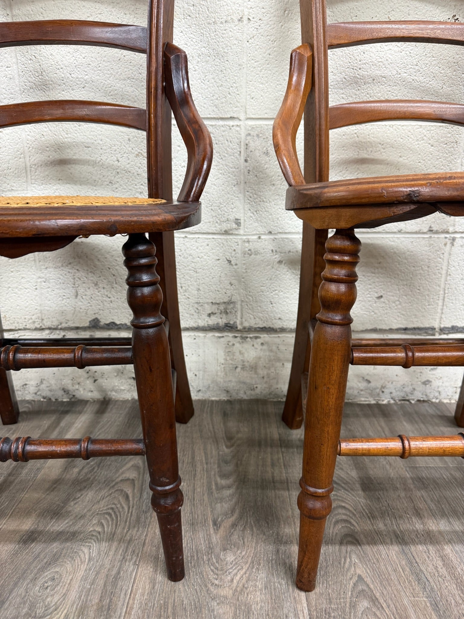 Antique Victorian Curved Ladder Back Hand Caned Armchairs - Pair