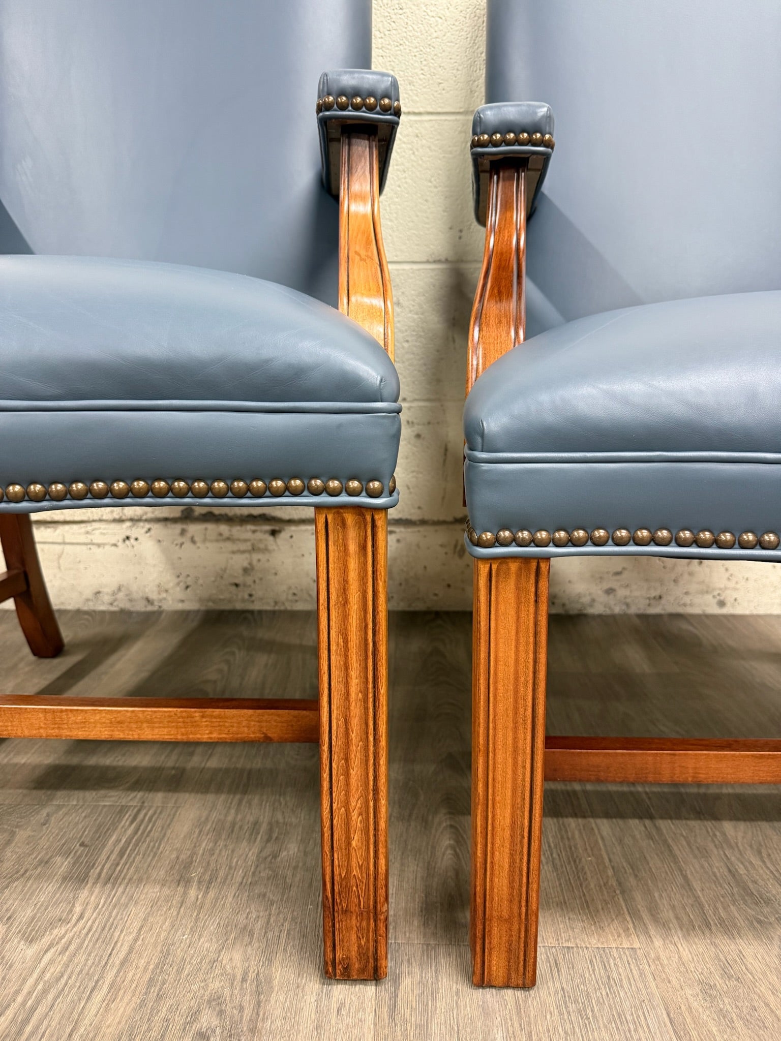 Vintage Chippendale Style Blue Leather and Nailhead Executive Armchairs - Pair
