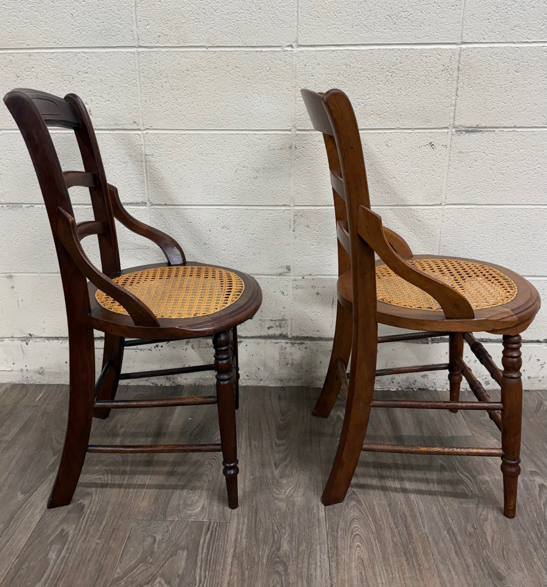 Antique Victorian Curved Ladder Back Hand Caned Armchairs - Pair