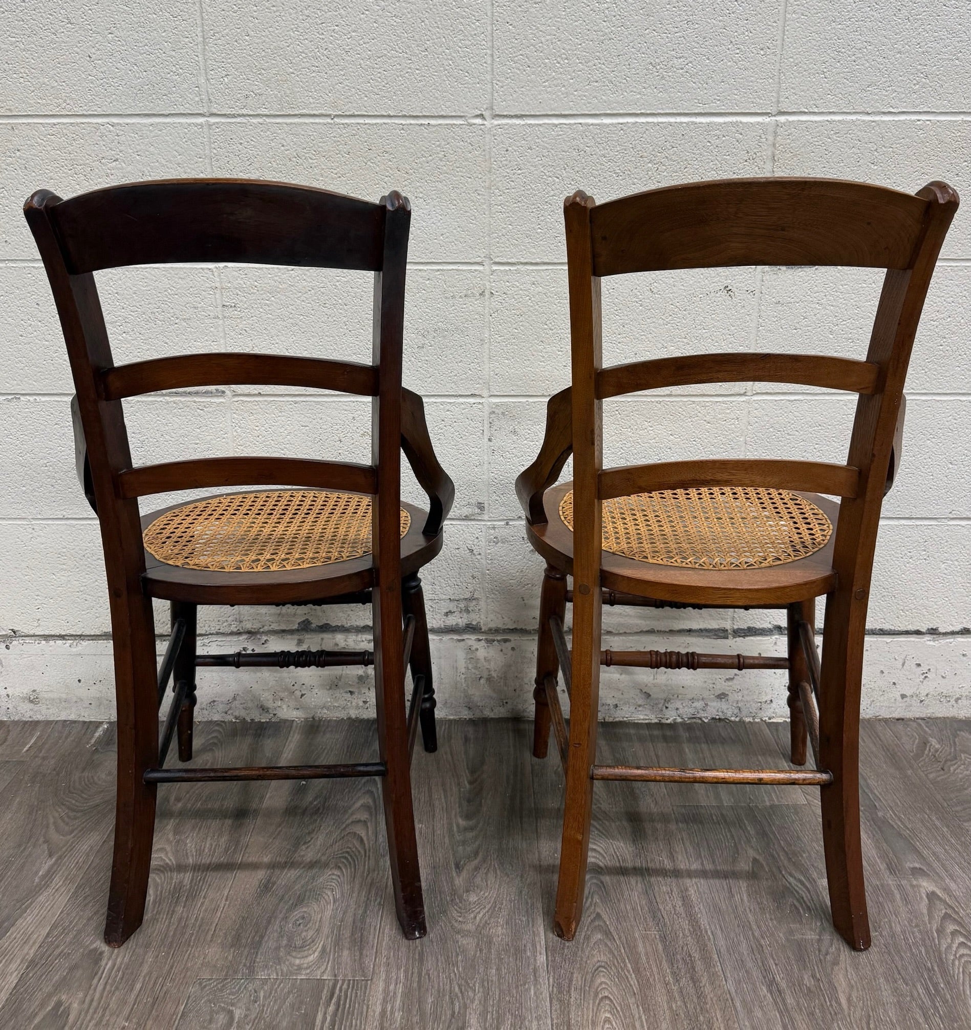 Antique Victorian Curved Ladder Back Hand Caned Armchairs - Pair
