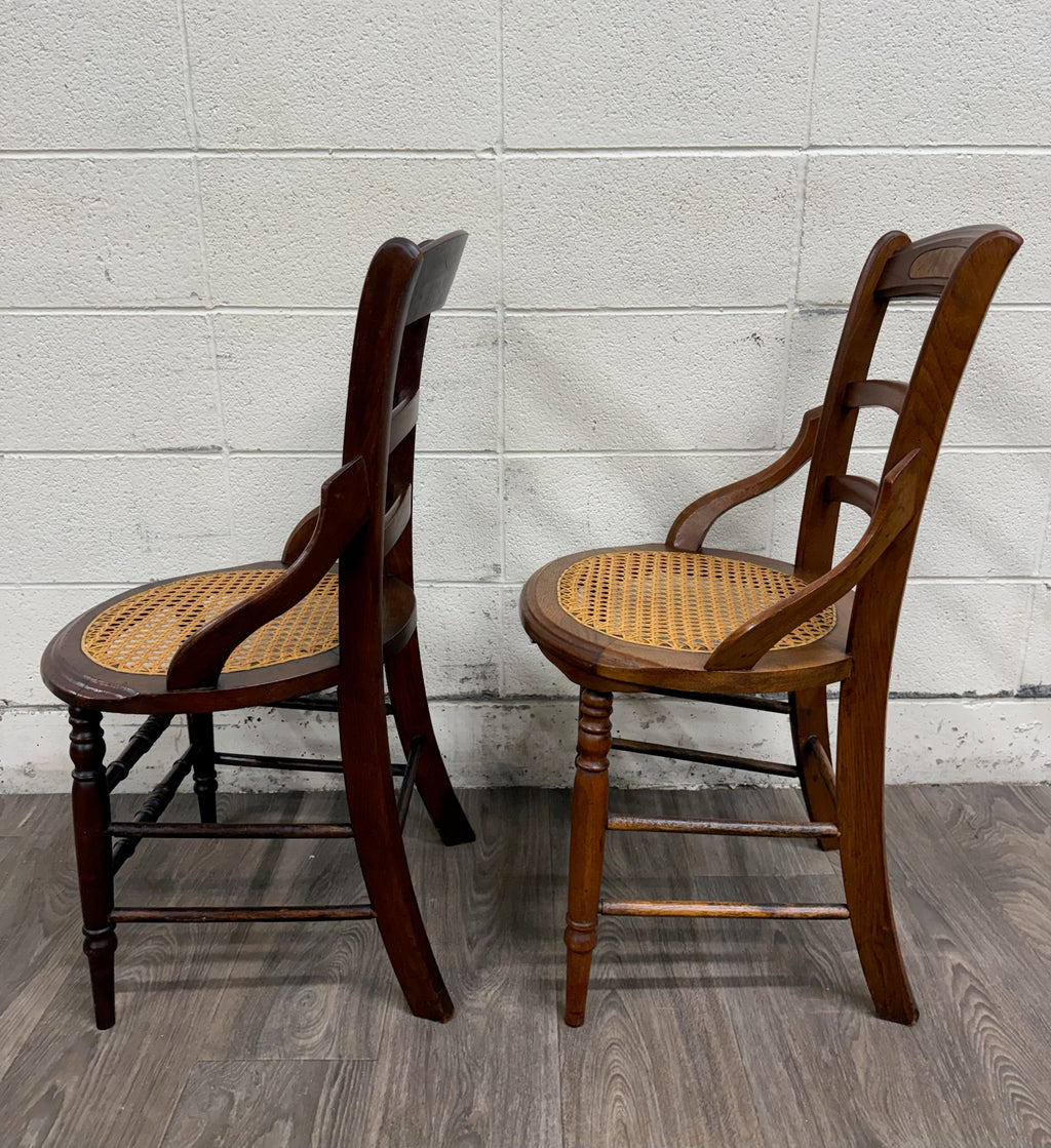 Antique Victorian Curved Ladder Back Hand Caned Armchairs - Pair