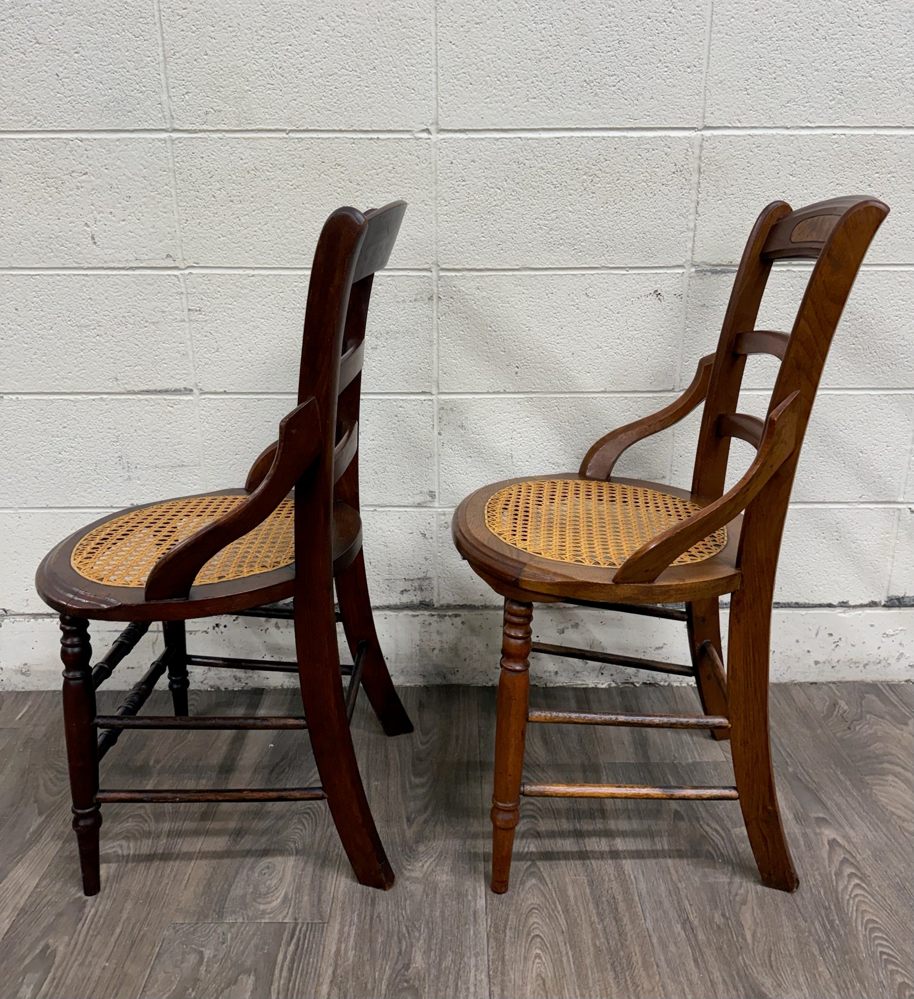 Antique Victorian Curved Ladder Back Hand Caned Armchairs - Pair