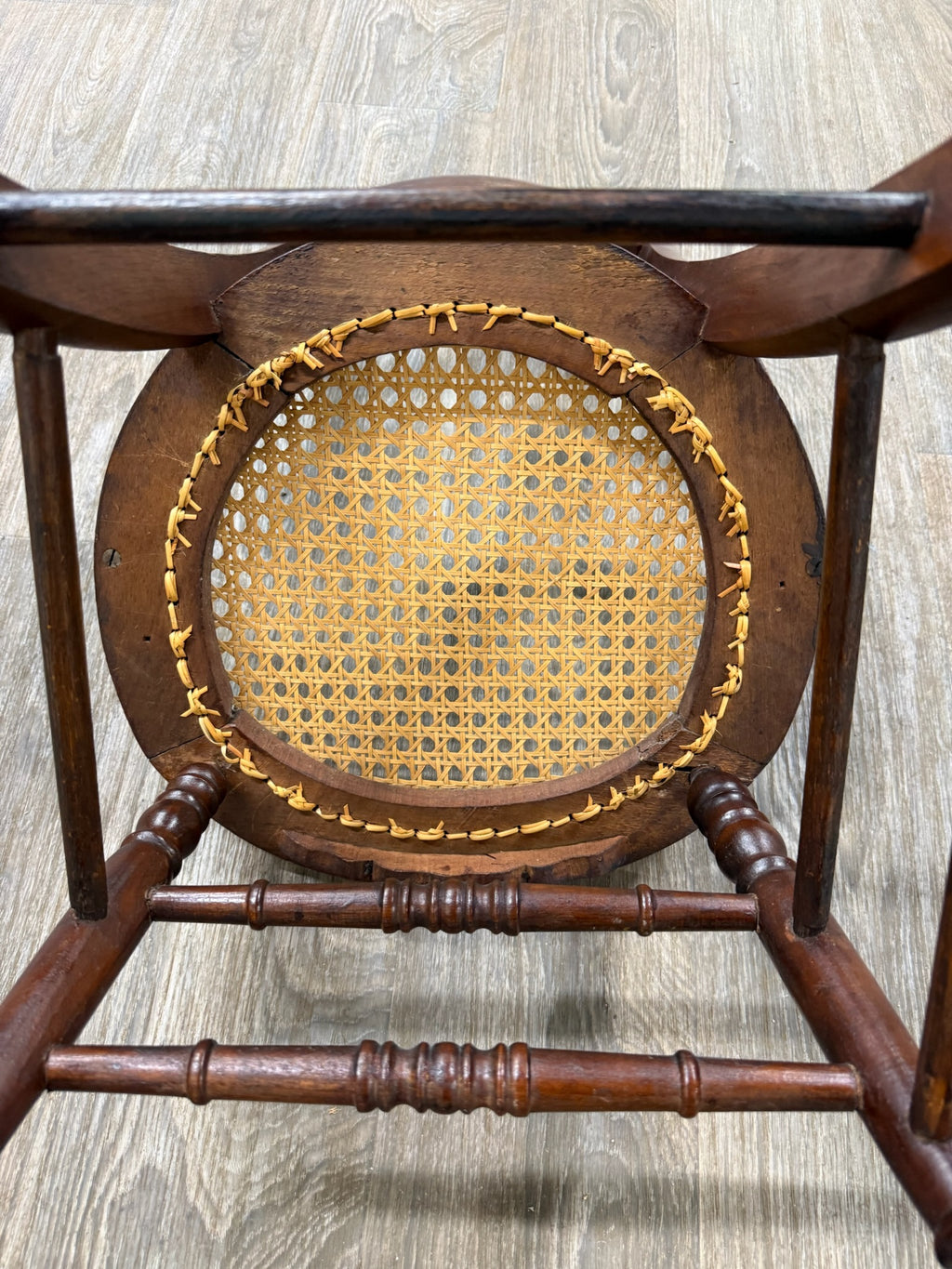 Antique Victorian Curved Ladder Back Hand Caned Armchairs - Pair