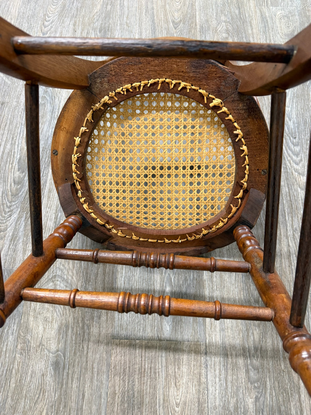 Antique Victorian Curved Ladder Back Hand Caned Armchairs - Pair