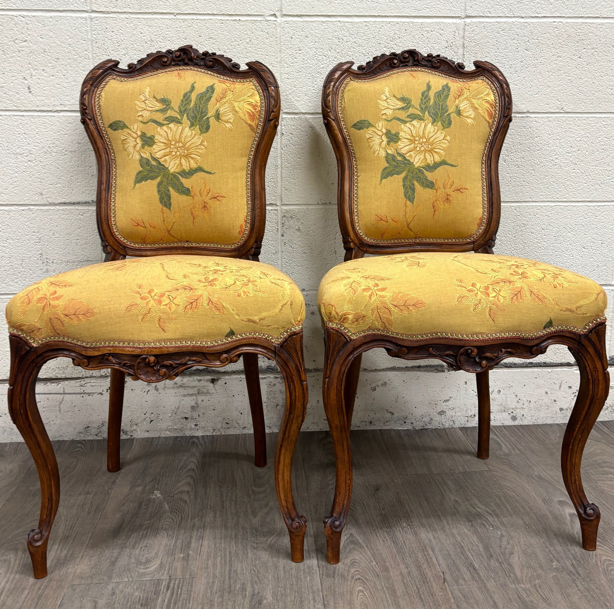 Antique French Louis XV Style Floral Tapestry Upholstered Walnut Side Chairs