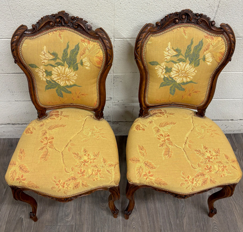 Antique French Louis XV Style Floral Tapestry Upholstered Walnut Side Chairs