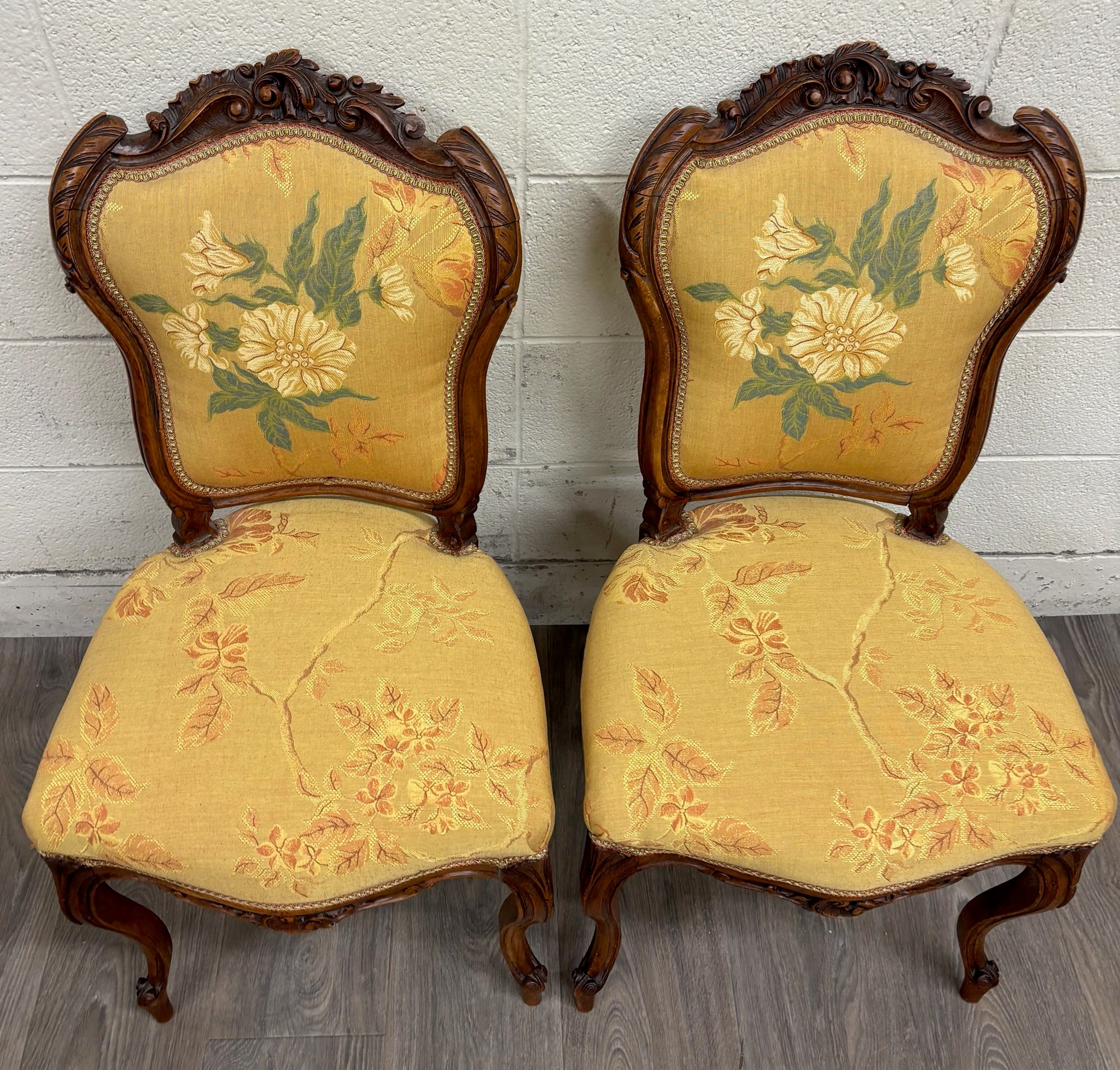 Antique French Louis XV Style Floral Tapestry Upholstered Walnut Side Chairs