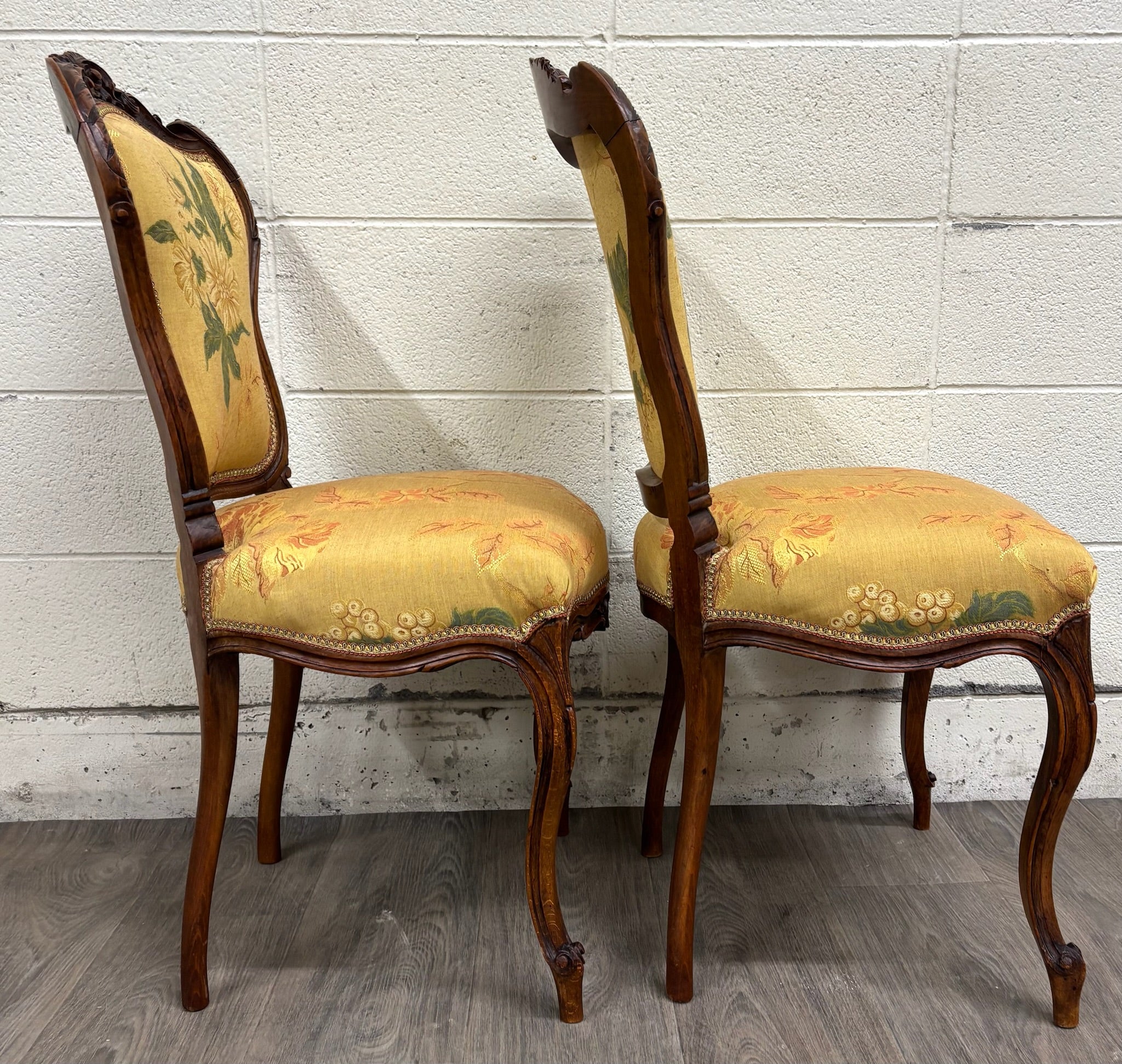 Antique French Louis XV Style Floral Tapestry Upholstered Walnut Side Chairs